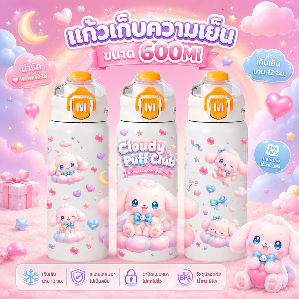 กระติกน้ำเด็ก  กระติกเก็บความเย็น 2 ช่องดื่ม สกรีน3Dรอบแก้ว ขนาด 600 ML  สแตนเลส304 พร้อมส่ง