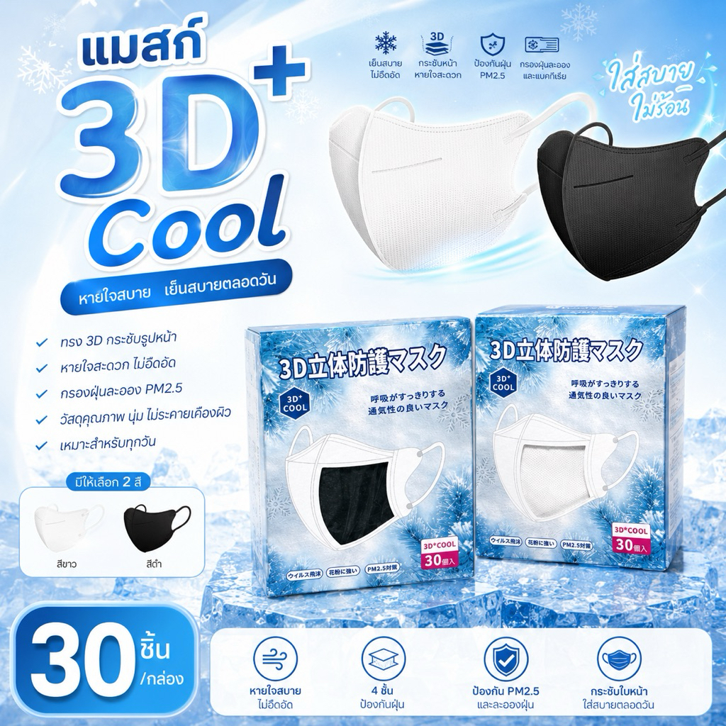 หน้ากาก 3D+ Cool 4 ชั้น 30 ชิ้น/กล่อง หน้ากาก 3 มิติ หายใจสะดวก กระชับใบหน้า มี 2 สี ขาว/ดำ