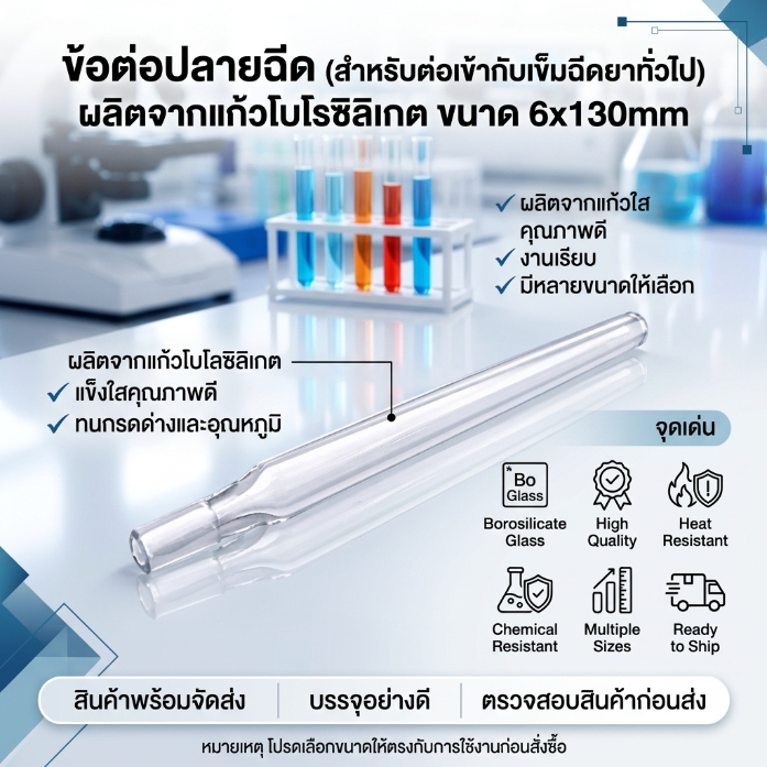 ข้อต่อปลายฉีด (สำหรับต่อเข้ากับเข็มฉีดยาทั่วไป) ผลิตจากแก้วโบโรซิลิเกต ขนาด 6x130mm