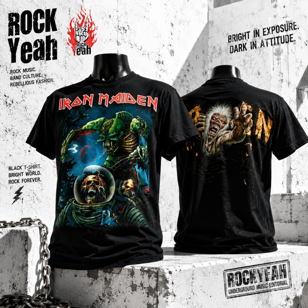 เสื้อวง IRON MAIDEN ลาย ไอรอนเมเดน Eddie แหวกกำแพงส้ม Graphic Band Tee สีดำ IRN1084