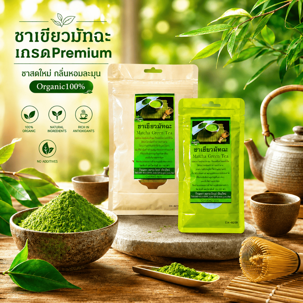 ชาเขียวมัทฉะแท้100% คัดสรรชาเขียวจากยอดดอยแม่สลอง ชงเป็นชานมมัทฉะได้หรือผสมในกาแฟ กลิ่นหอม ดื่มง่าย