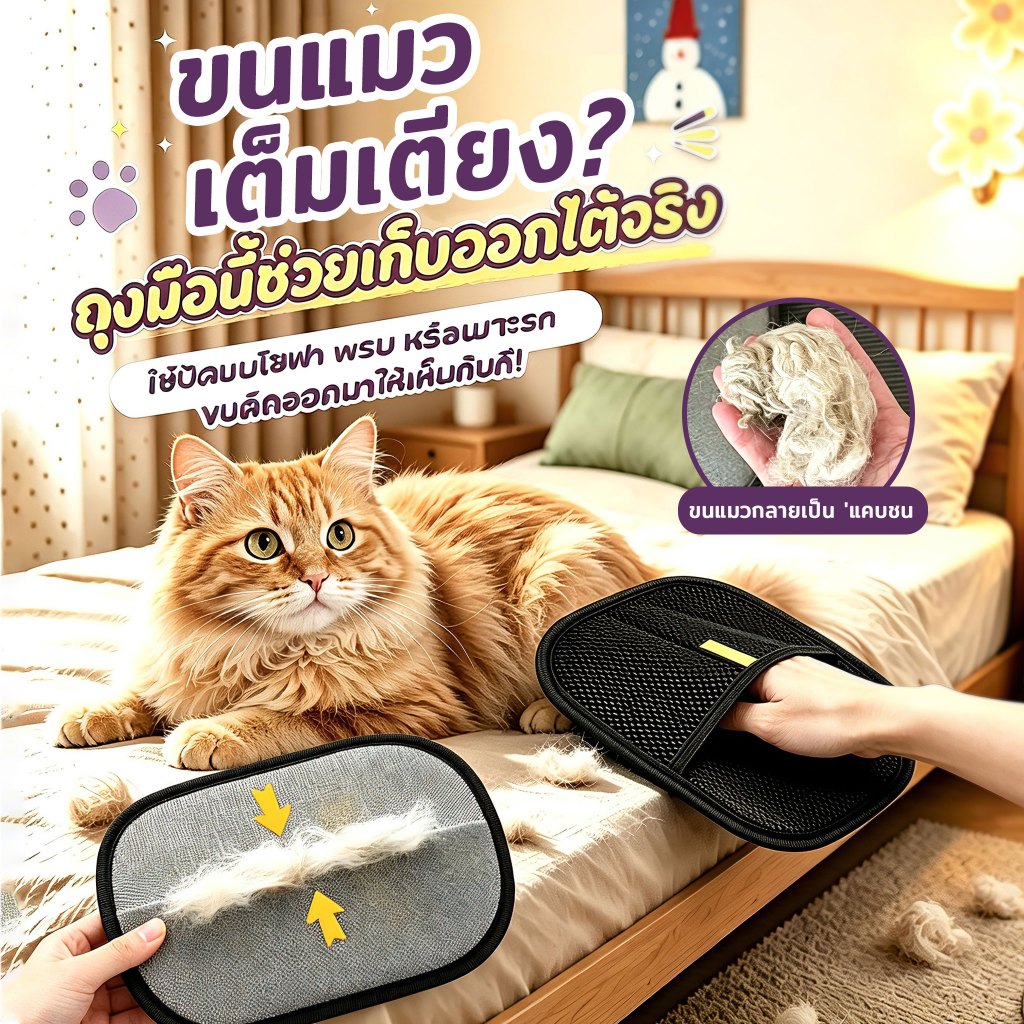 ถุงมือกำจัดขนสัตว์เลี้ยง ถุงมือแปรงขน ทำความสะอาดอเนกประสงค์