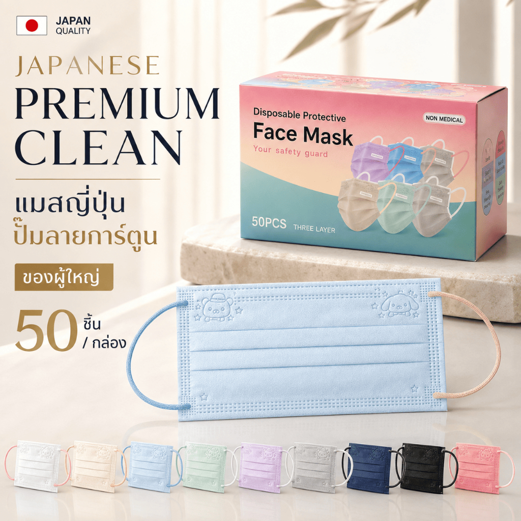 แมสญี่ปุ่น โทนสีพาสเทล *หูแมส2ข้างสีไม่เหมือนกัน*ลายปั๊มจะเป็นคละลายให้นะครับ (พร้อมส่ง)