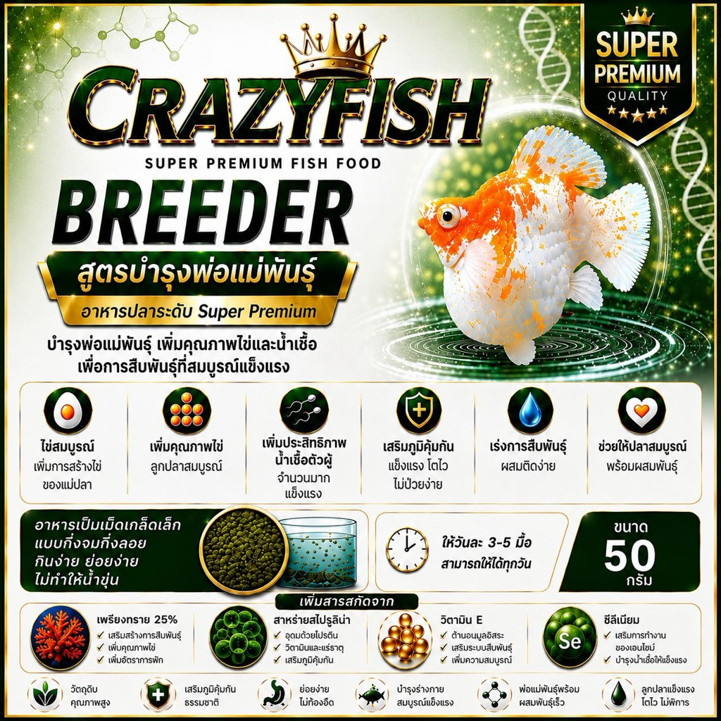 [ ใหม่ ] Crazy Fish Breeder อาหารปลาสูตรบำรุงพ่อแม่พันธุ์ สำหรับปลาปลาบอลลูนและปลาปากเล็กทุกชนิด [บำ