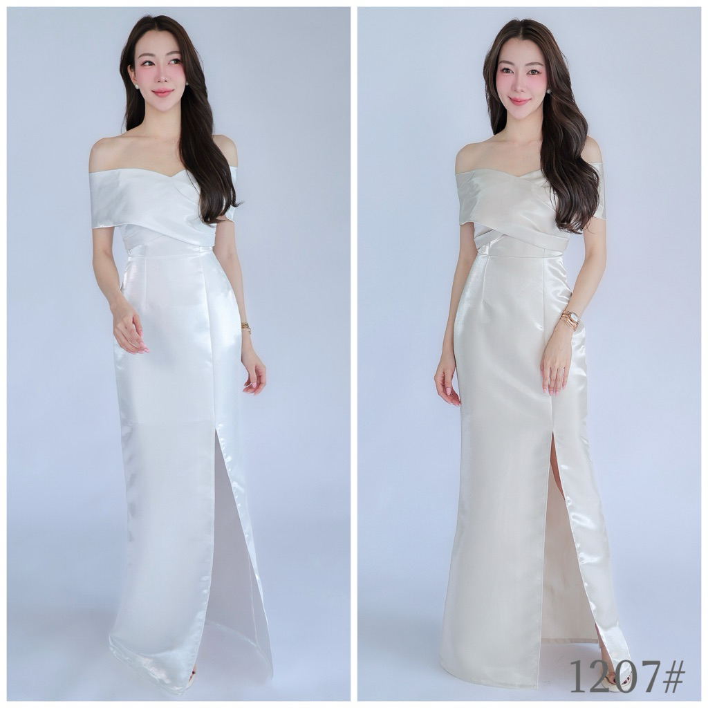 FN1207 เดรสเปิดบ่าอกไขว้ ทรงยาวเข้ารูป กระโปรงปลายหางปลา ชุดไปงานแต่ง ชุดออกงาน เดรสเพื่อนเจ้าสาว [LUXURY707]