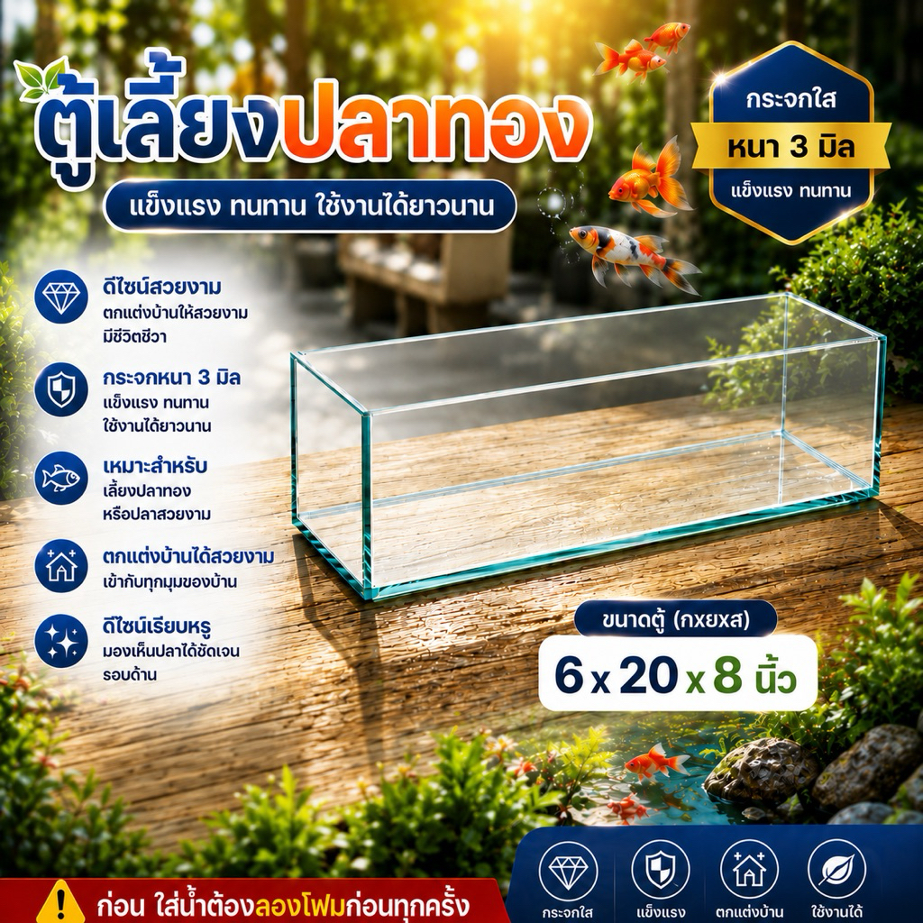 ใหม่ ตู้ปลาทรงแคบกระจกใสพร้อมฝาตะแกง 20 นิ้ว 6x20x8 นิ้ว งานระเอียดกระจกใส