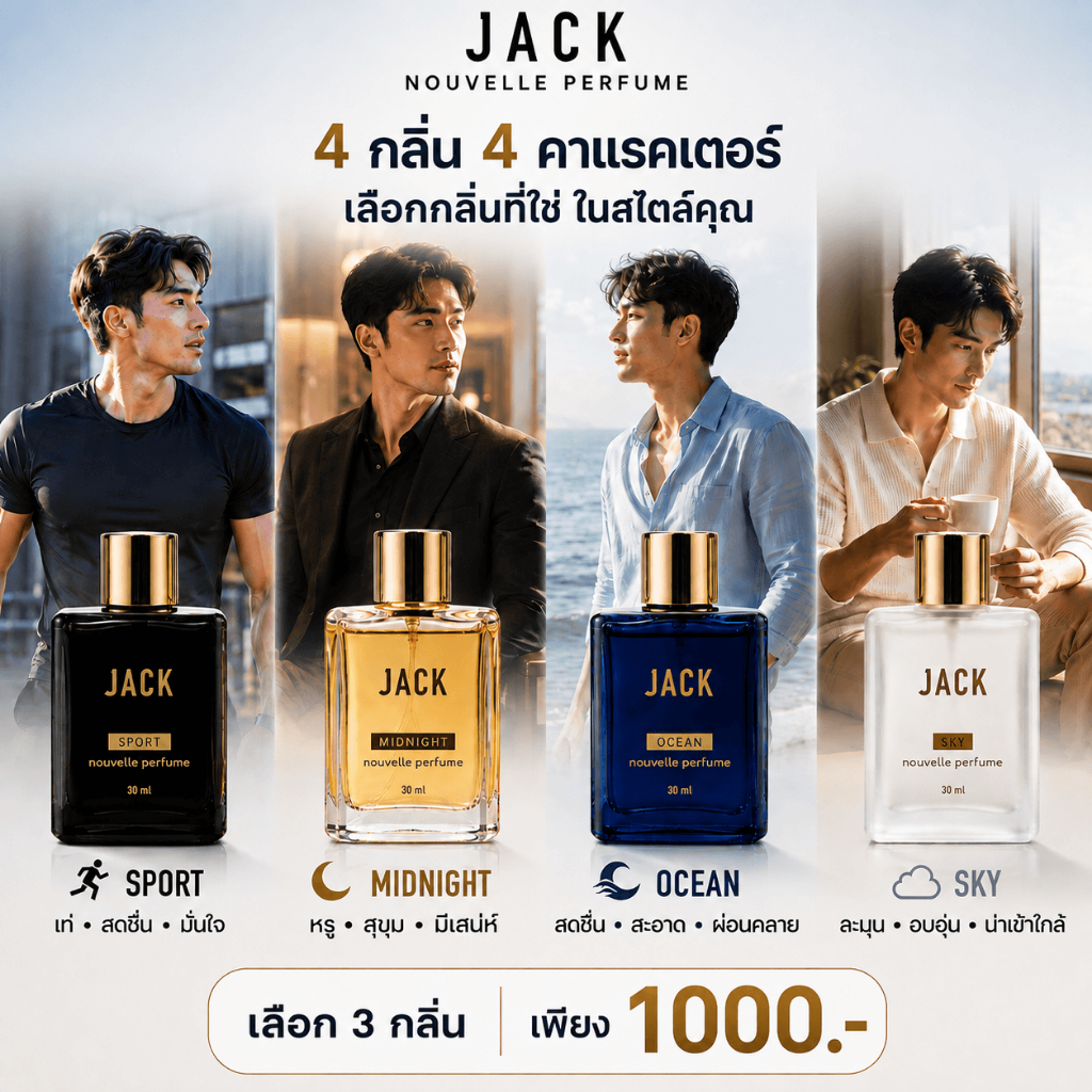 JACK Nouvelle Perfume น้ำหอมผู้ชาย เซต 3 ขวด Sport + Midnight + Ocean + Sky คละกลิ่นได้ เท่ หรู สดชื่น 30ml