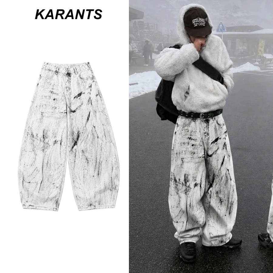 (สินค้าใหม่) Karants กางเกงยีนส์ทรงบอลลูนขาโค้ง Curved Barrel ขากว้าง Dirty Wash สีขาวดำ Vintage - KQ131