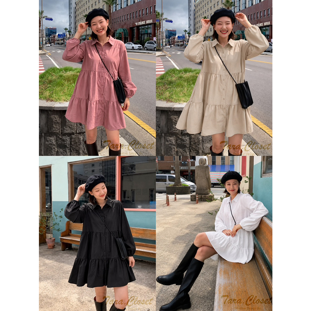 IT055 TARA Dress ชุดมินิเดรส คอปกเชิ้ต แขนยาว มียางจั๊มที่ปลายแขน แต่งระบายเป็นชั้นๆ ผ้าไหมอิตาลีอย่