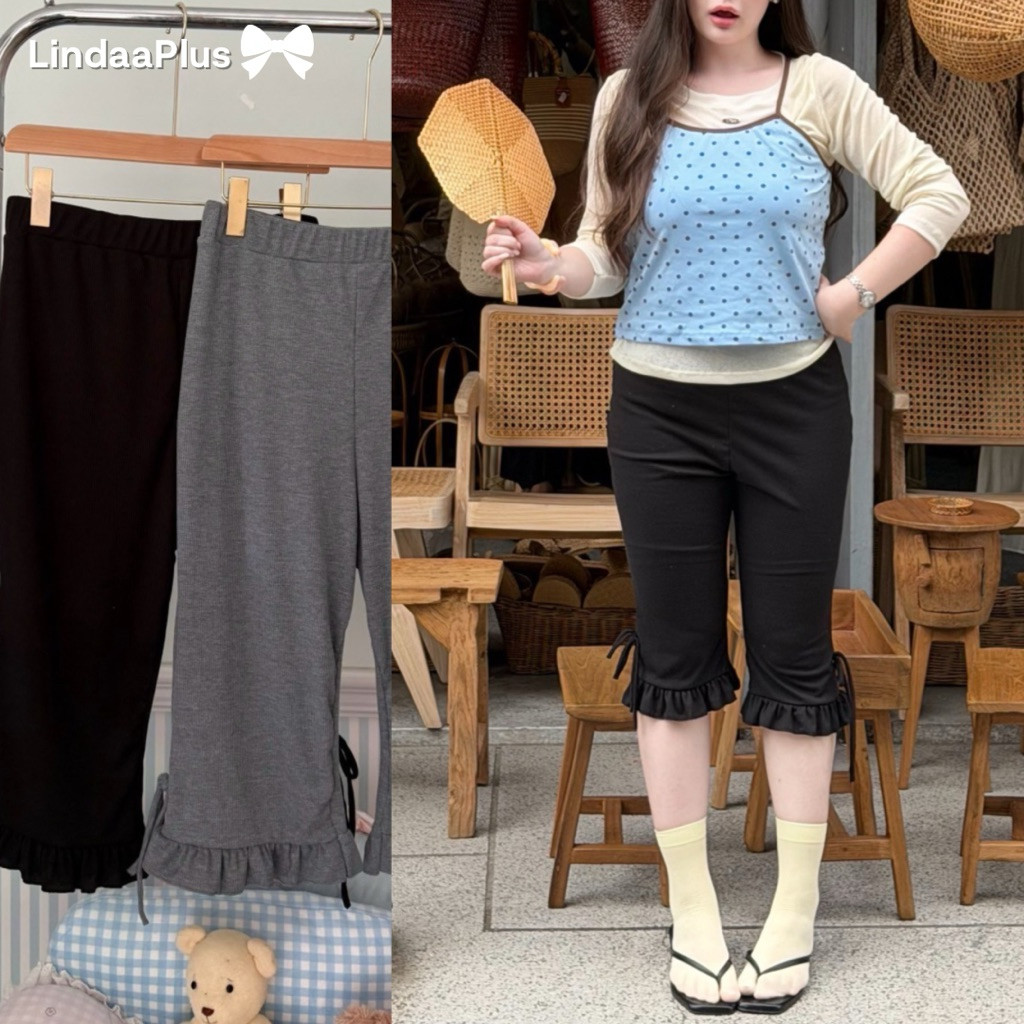 LindaaPlus-- Capri pants” กางเกงคาปรีสามส่วนสาวอวบอ้วน ผ้าร่องยืดแต่งระบายปลายขา ดีไซน์เกาหลีรุ่น Korea tie ruffle pants