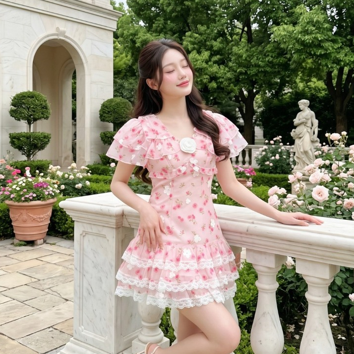 (มีถึง3XL) Maria Diamond สีชมพู Magic Rose Dress เดรสสั้นผ้าชีฟองพิมพ์ลาย มี texture แขนระบาย + เข็มกลัด ซิปหลัง มีซับใน