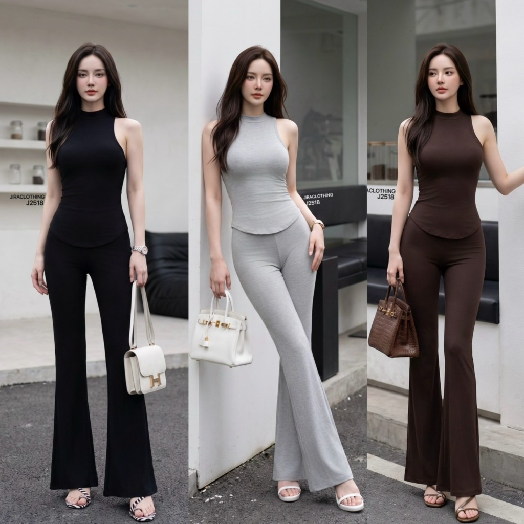 J2518 JiraClothhing เซตเสื้อคอปีนแขนกุดทรงเข้ารูป +กางเกงขายาวทรงขาม้า