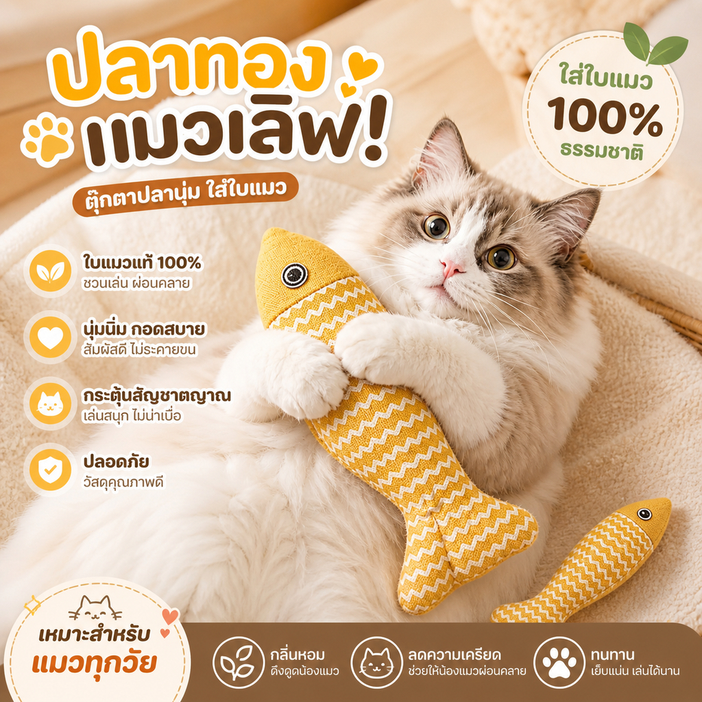 ของเล่นปลาแมว ใส่ใบแมวมูน ผ้าลินินทนทาน กัดเคี้ยวได้ ลดความเครียด แยกเหงื่อเล่น ขนาด S‑M‑L สำหรับแมวทุกวัย