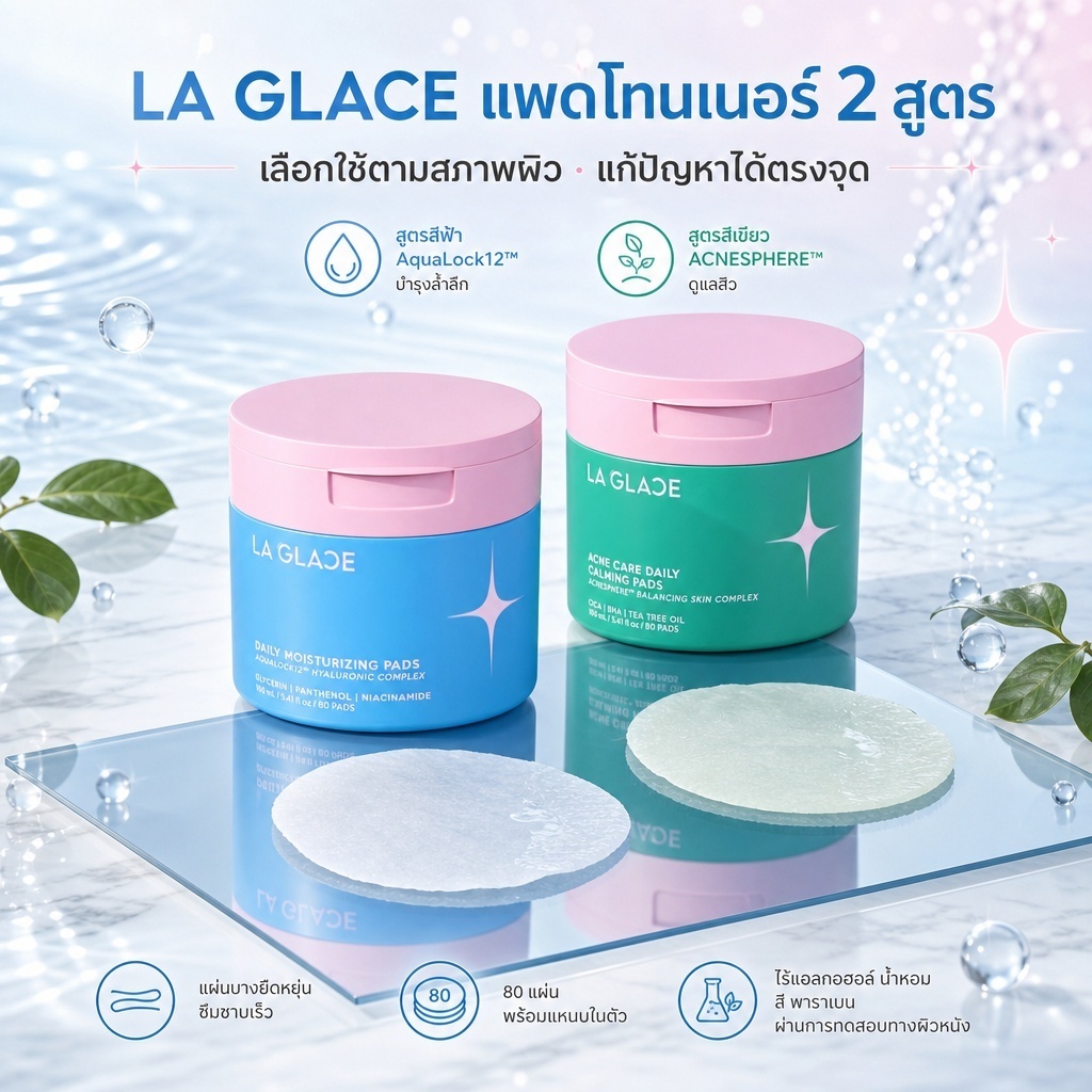 ใช้ดีมีจริง ติดกระเป๋าเดินทางได้ น้ำตบ LA GLACE สูตรชุ่มชื้น/สูตรสิว พกพาง่ายในขนาดเล็กและแบบซอง 80 แผ่น