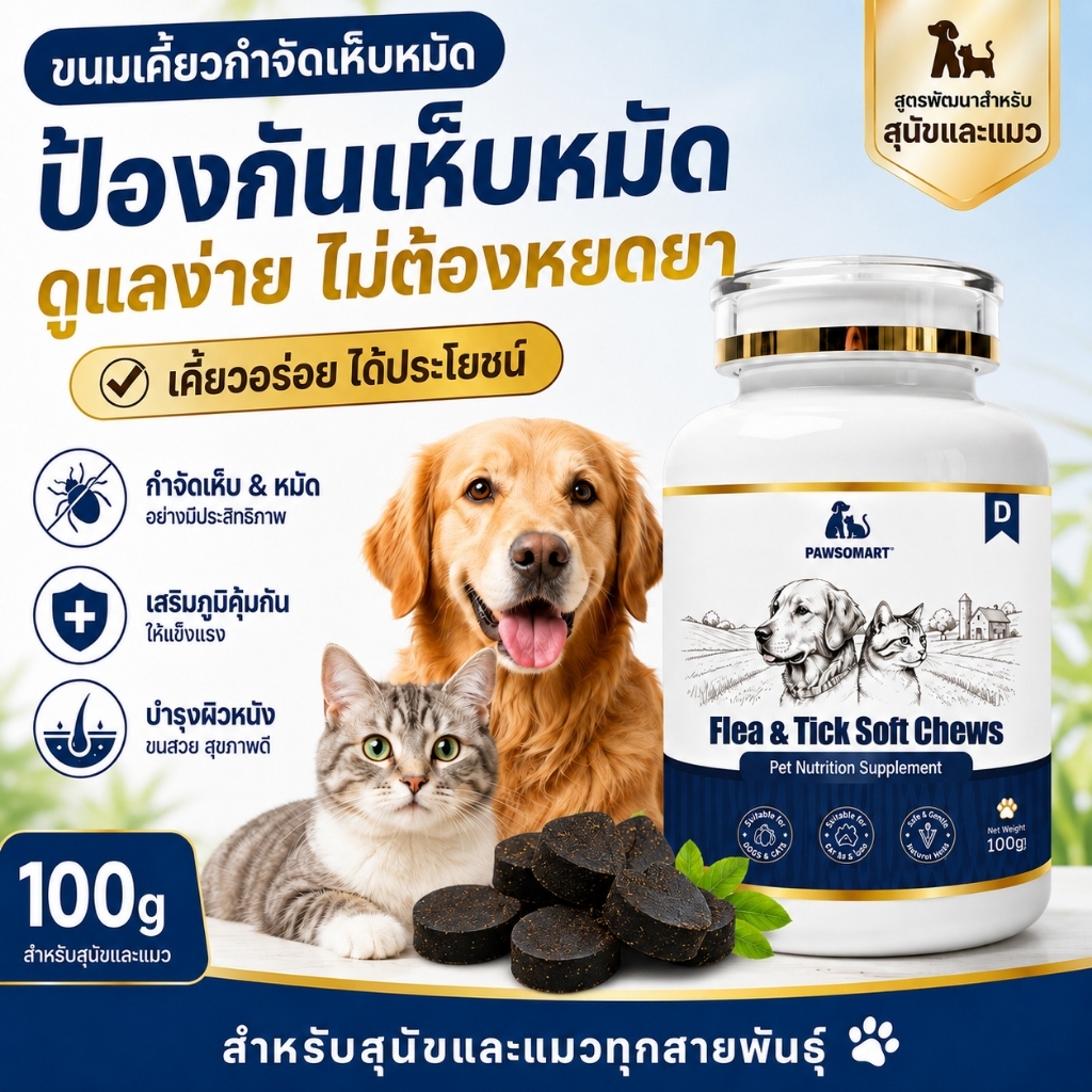 PAWSOMART ขนมเม็ดสัตว์เลี้ยง รสไก่ สำหรับสุนัขและแมว ป้องกันเห็บ หมัด ไร ผิวหนังคัน สริมภูมิคุ้มกัน ขนมเคี้ยวง่าย 100g