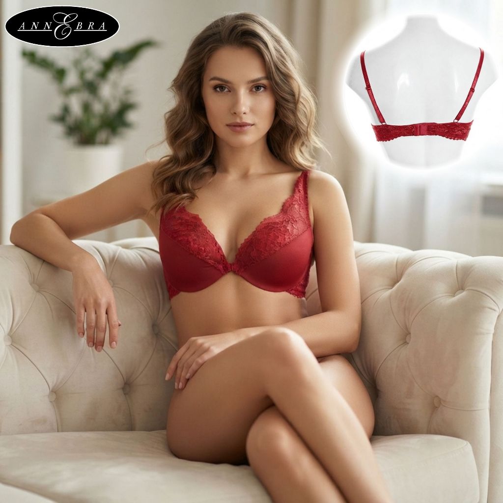 Annebra บราเสริมทรง บราลูกไม้ ตะขอหลัง คอวี มีโครง มีฟองน้ำ Push up Mold bra V Neck รุ่น AB1-495