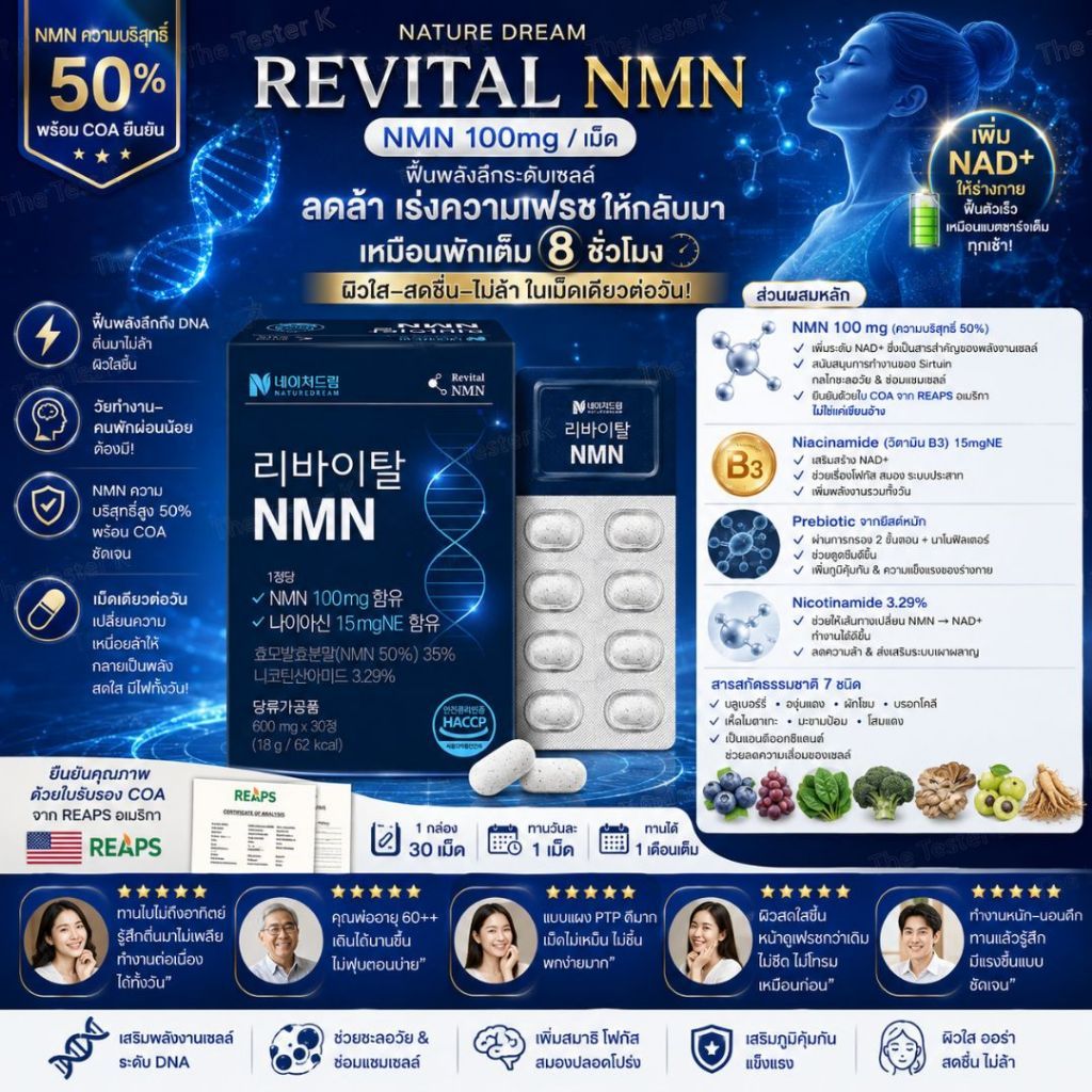 #พร้อมส่ง Exp7/4/28 #NAD #NATURE DREAM Revital NMN 600mg (30 เม็ด) ทานได้ 1 เดือน
