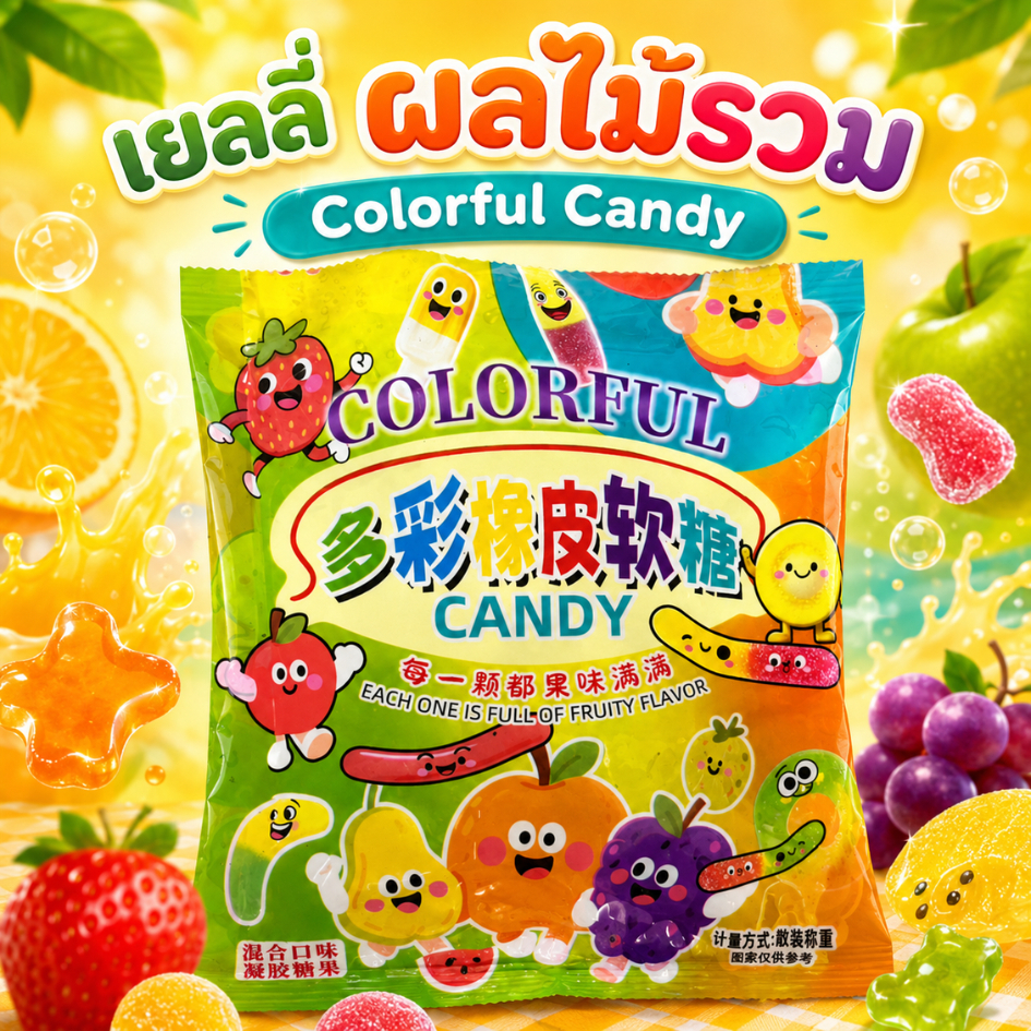 เยลลี่ ผลไม้รวม Colorful Candy ขนาด 33 กรัม 1 ซอง หอมกลิ่นผลไม้ หนึบทุกคำ รวมรสผลไม้