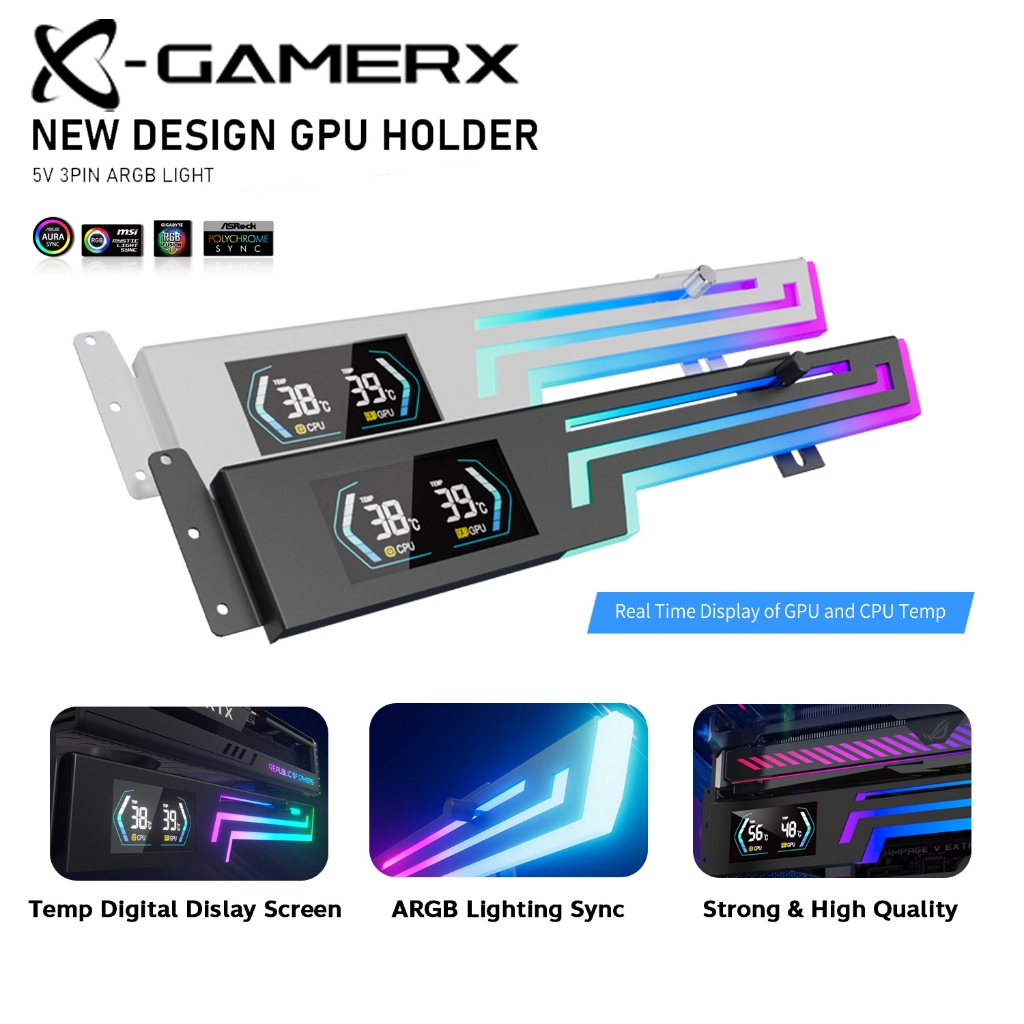 PowerTrain Z-X6 ขาค้ำการ์ดจอไฟ ARGB 5V 3Pin จอแสดงอุณหภูมิ CPU/GPU Temp Holder