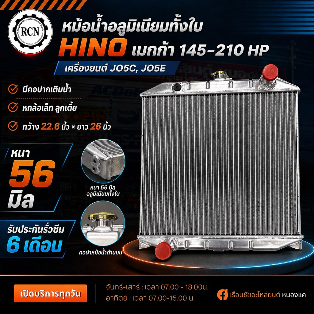 หม้อน้ำ อลูมิเนียมทั้งใบ HINO เมกก้า145-210HP,JO5C,JO5E มีคอปากเติมน้ำ  ลูกเตี้ย ขนาด กว้าง 22.6 นิ้