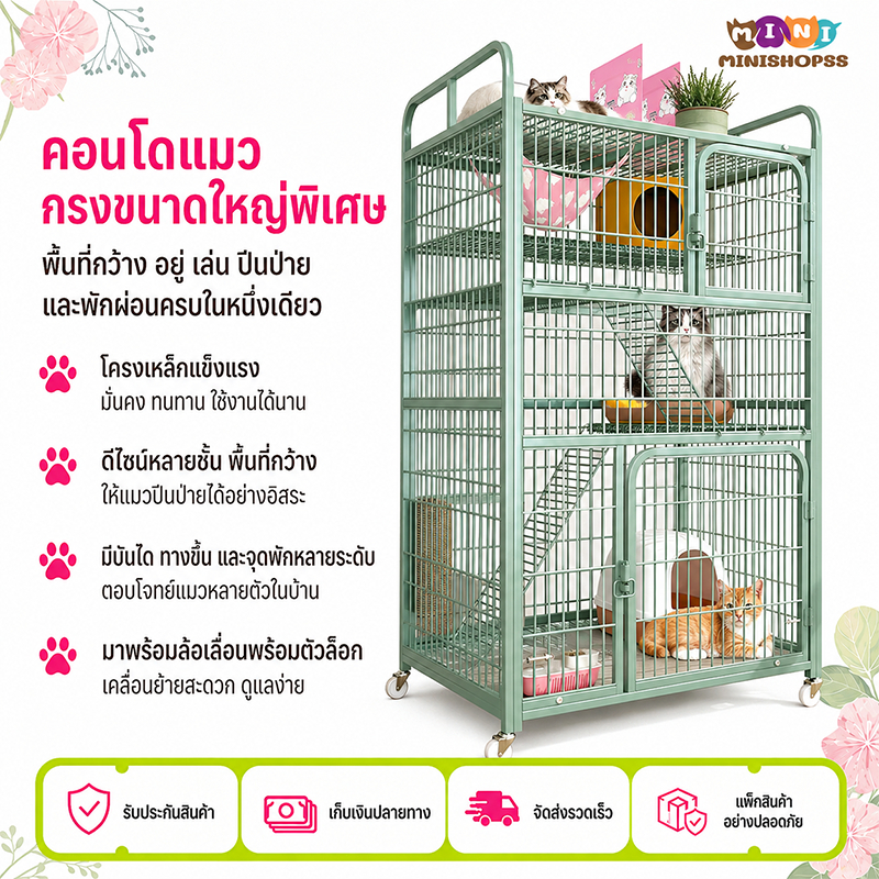 กรงแมวขนาดใหญ่พิเศษ4ชั้น พร้อมชั้นเก็บของ แผ่นรองฝ่าเท้าป้องกันการหนีบ ประกอบง่าย แมว และกระต่าย คอกหมา กรงหมาใหญ่กรงหมา