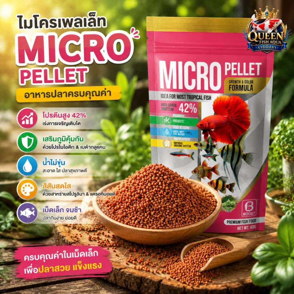 บูสท์ไมโคร ขนาด 60g. อาหารปลานีออน หางนกยูง เทวดา เม็ดไมโคร โปรตีน 42% BOOST MICRO PELLET