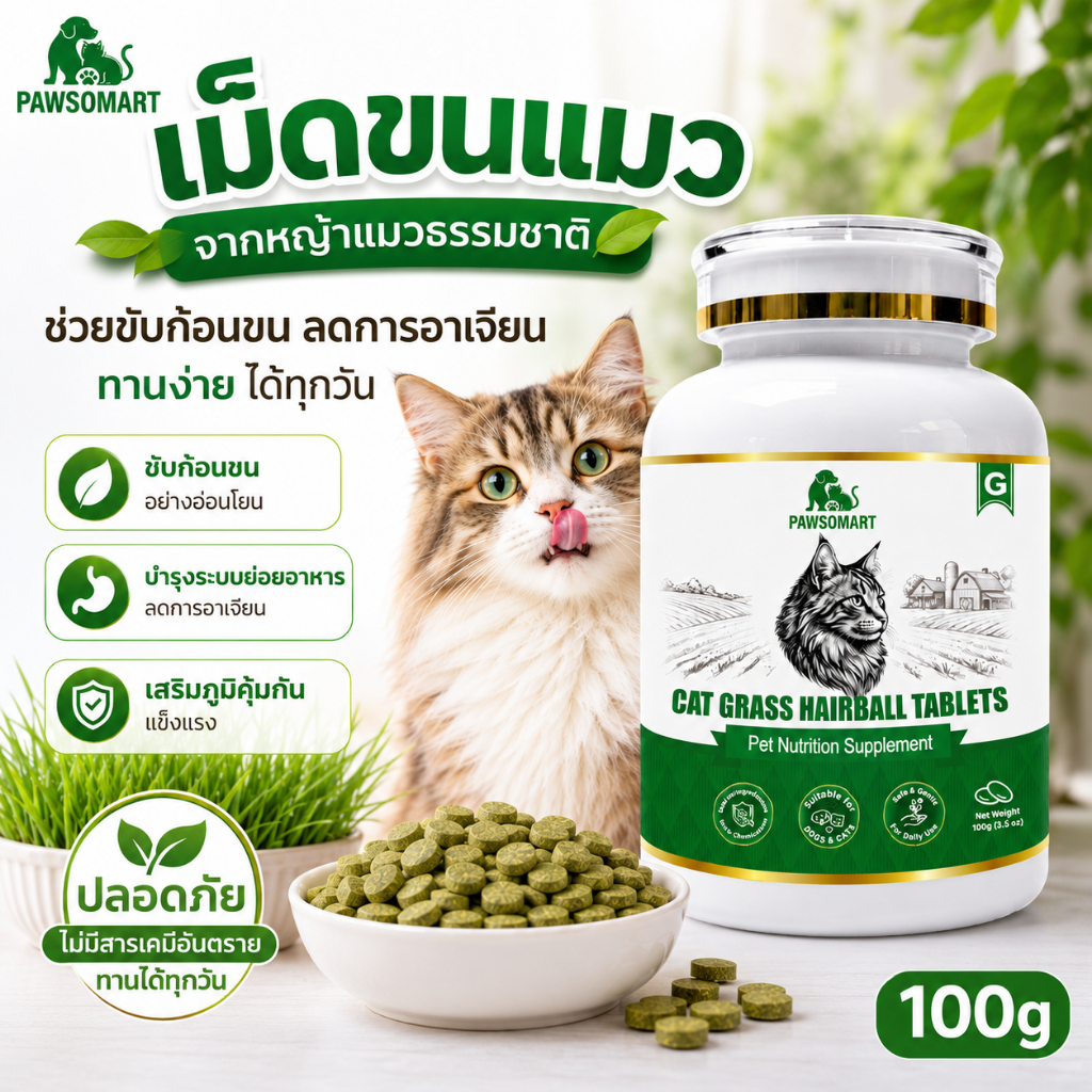 PAWSOMART เม็ดเคี้ยวสำหรับแมว หญ้าแมวอัดเม็ด ขนมแมวขับก้อนขน ลดการอาเจียนก้อนขน ปลอดภัย ป้องกันลำไส้อุดตัน 100g