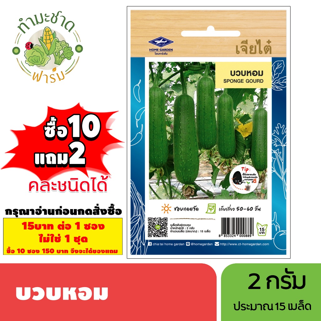 [1ซอง] เจียไต๋ (ซื้อ10แถม2) เมล็ดพันธุ์ บวบหอม ขนาด2กรัม ประมาณ15เมล็ด Sponge Gourd บวบ เมล็ดพันธุ์พืช เมล็ดผัก ปลูกผักส