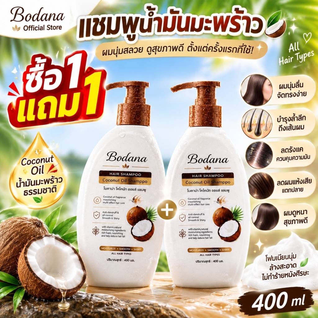【ซื้อ 1 แถม 1】Bodana แชมพูน้ำมันมะพร้าว 400ml สูตรอ่อนโยน บำรุงผมนุ่ม ชุ่มชื้น ลดรังแค ลดผมแห้งเสีย