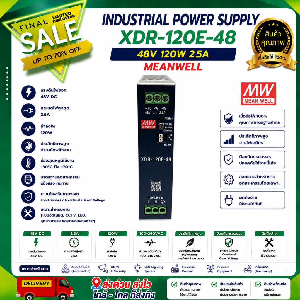 INDUSTRIAL POWER SUPPLY XDR-120E-48 48V 120W 2.5A MEANWELL