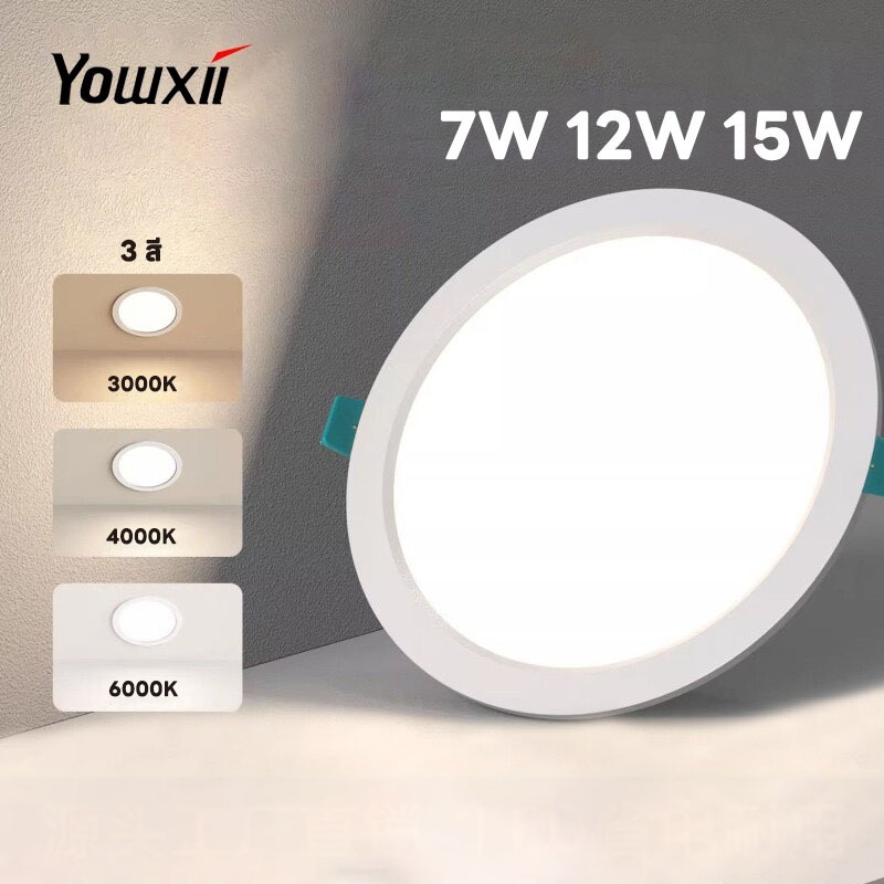 YOWXII โคมไฟดาวน์ไลท์ ฝังฝ้า LED  7W 9W 12W 15W เปลี่ยนได้ 3 สี Panel Light โคมฝังฝ้าติดเพดาน
