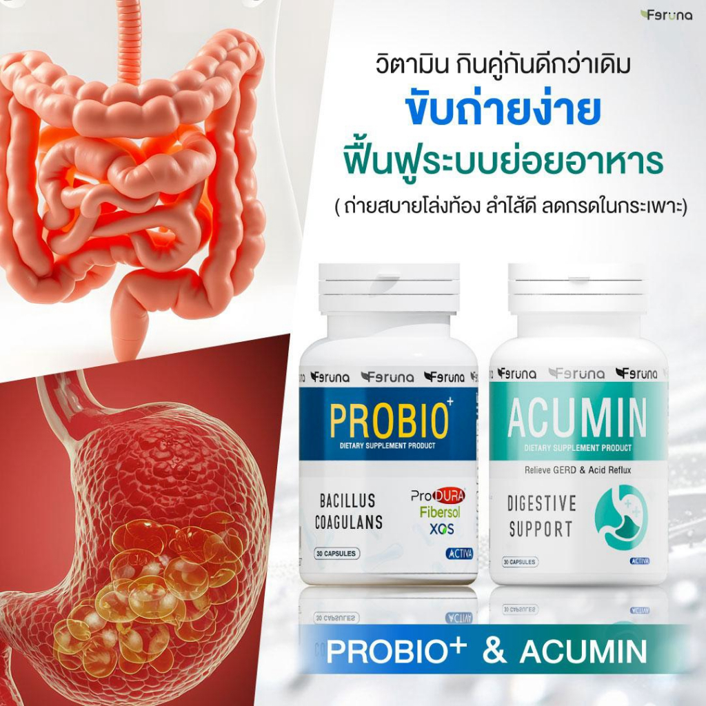 Feruna ฟีรูน่า  Probio+ Acumin ดูแลลำไส้ ขับถ่ายสะดวก แก้กรดไหลย้อน ลำไส้แปรปรวน
