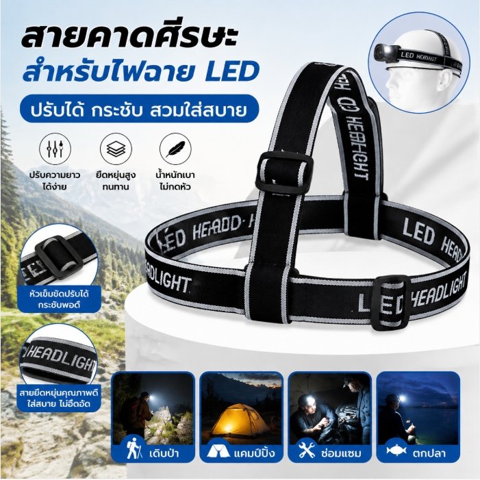 LEO-T แถบคาดศีรษะแบบยืดหยุ่นสำหรับไฟหน้า LED ไฟด้านหน้าปรับได้อเนกประสงค์มีความยืดหยุ่นสูงแถบคาดศีรษะด้านหน้า