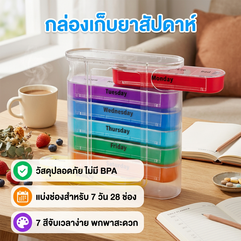 ชุดกล่องแบ่งยา 7 วัน | 28 ช่อง  | พลาสติก 7 สี BPA-free | ปิดสนิทกันน้ำกันอากาศ | ดึงช่องวันออกพกพาได้ | สำหรับบ้านแล