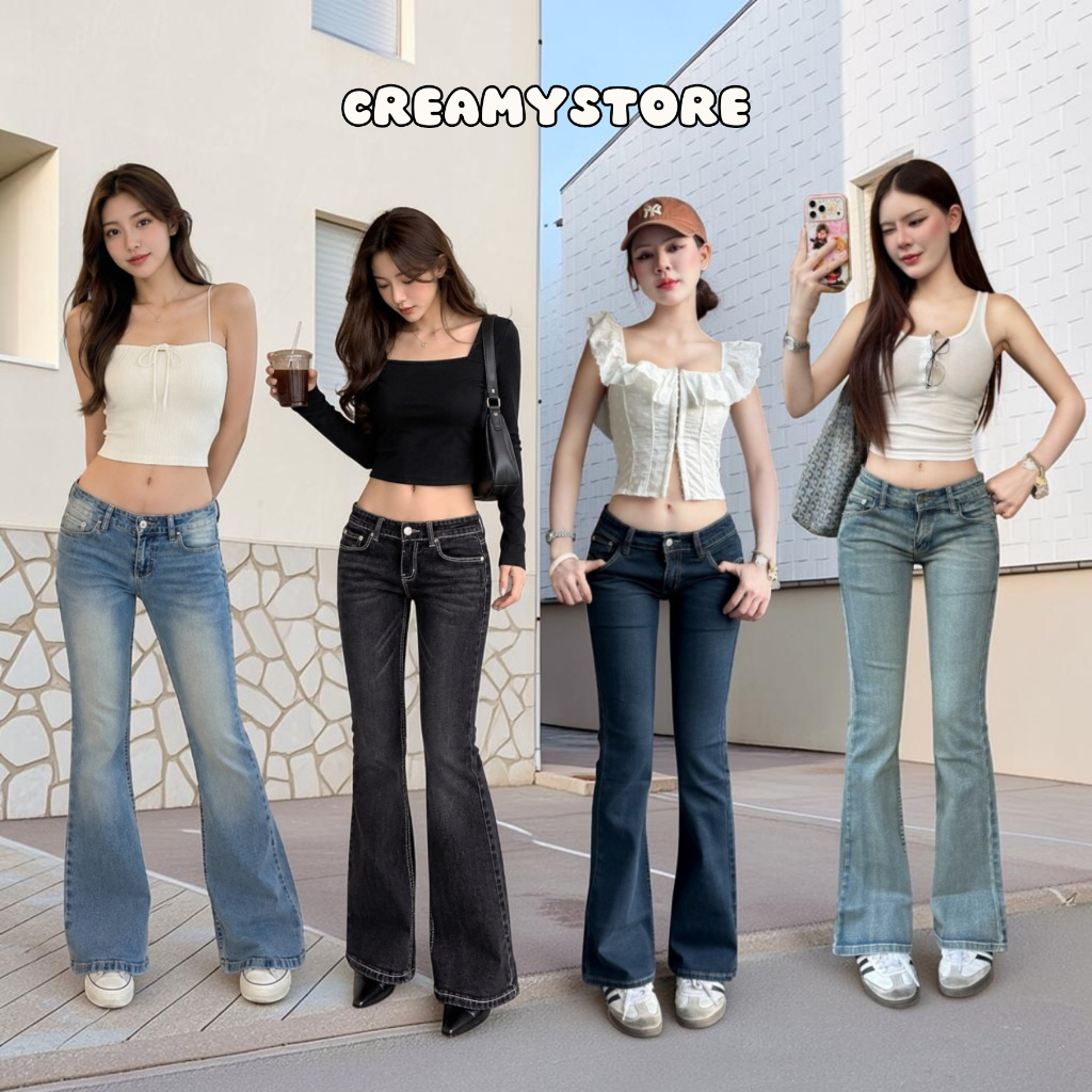 ป้ายYam กางเกงยีนส์ขาม้าเอวต่ำ ผ้ายืด Bootcut Jeans CreamyStore