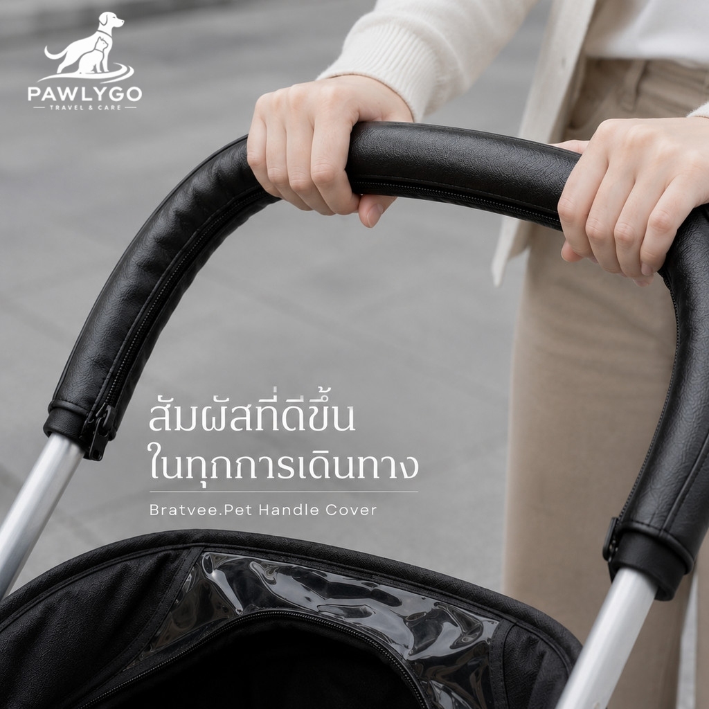 Pawlygo ปลอกหุ้มด้ามจับรถเข็นสัตว์เลี้ยง ACC08 หนัง PU ยาว 55cm แบบซิป กันน้ำ กันลื่น จับกระชับ ติดตั้งง่าย