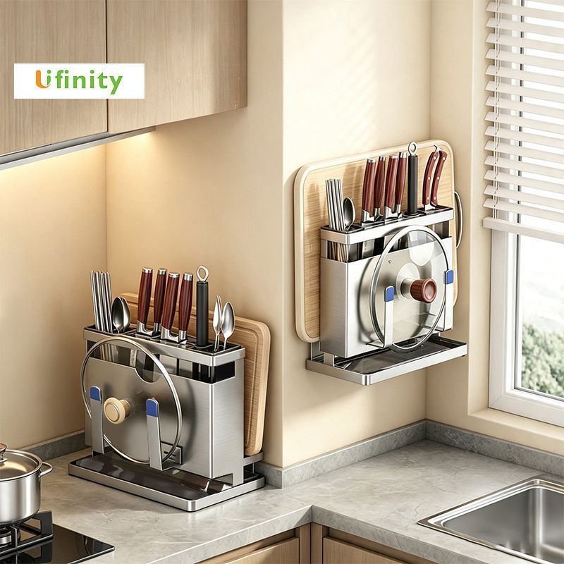 Lifinity ที่จัดเก็บมีดครัวสแตนเลส ประกอบง่าย ไม่ต้องใช้เครื่องมือ ที่วางตะเกียบแบบถอดได้ และถาดรองน้ำ