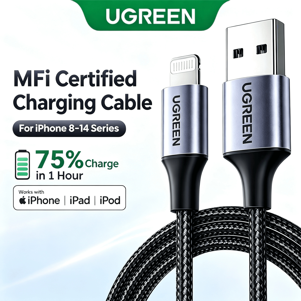 UGREEN สายชาร์จ Lightning ชาร์จเร็ว 2.4A ยาว 1 เมตร / 2 เมตร รองรับ IOS 14/13/12/11/10 สำหรับ ไอโฟน 6/6Plus/7/7Plus 13