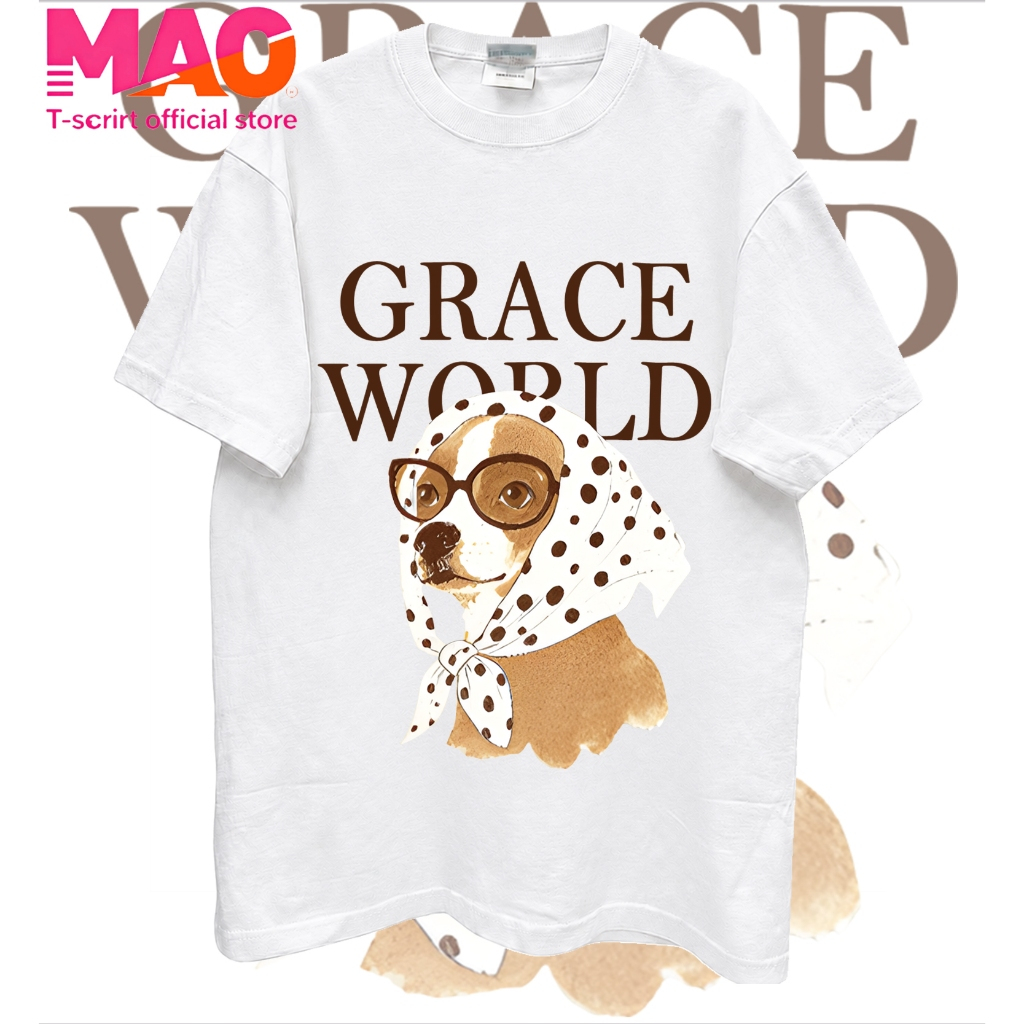 พร้อมส่ง เสื้อยืดโอเวอร์ไซส์ผู้หญิง สีขาว ลายสุนัขน่ารักผ้าพันหัวแว่นตา ตัวอักษรวินเทจ เสื้อแขนสั้นผ้านุ่ม ใส่ประจำวัน