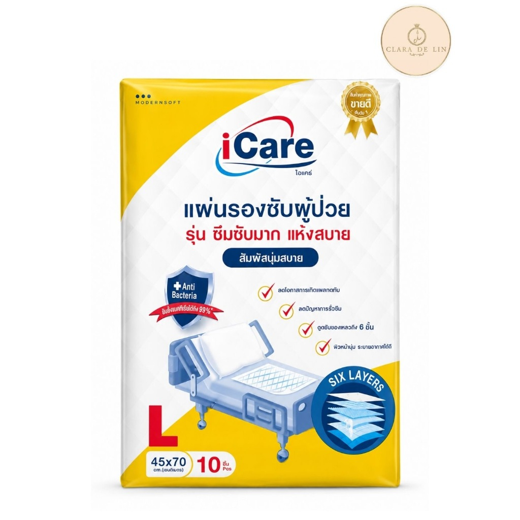 iCare แผ่นรองซับผู้ป่วย ซึมซับได้6ชั้น ป้องกันแบคทีเรีย