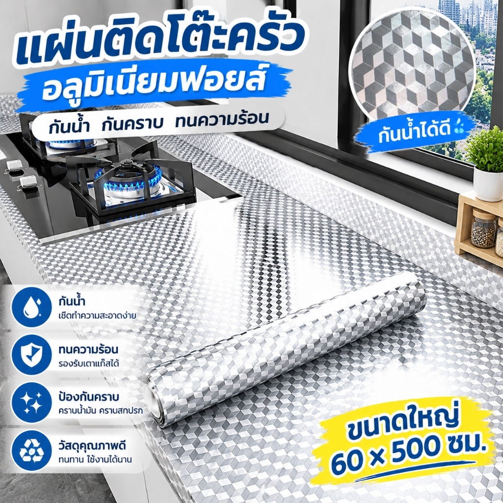 【BF】สติกเกอร์ฟอยล์อลูมิเนียม ห้องครัว วอลเปเปอร์ กันความร้อน ติดง่าย เช็ดทำความสะอาดง่าย ใช้สำหรับติดผนังห้องครัว
