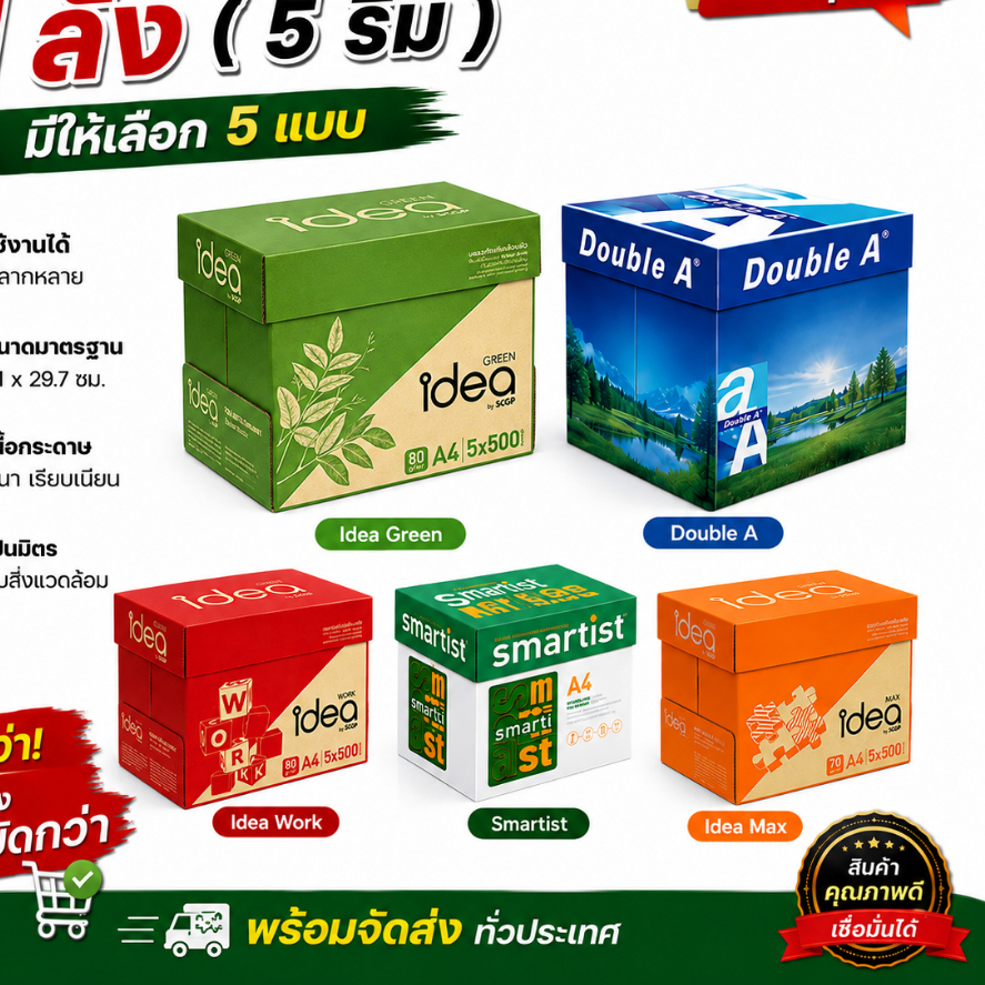 -ส่งฟรี- กระดาษ กระดาษถ่ายเอกสาร ขนาด A4 (5 รีม/ลัง) 70 แกรม / 80 แกรม ออกใบกำกับภาษีได้