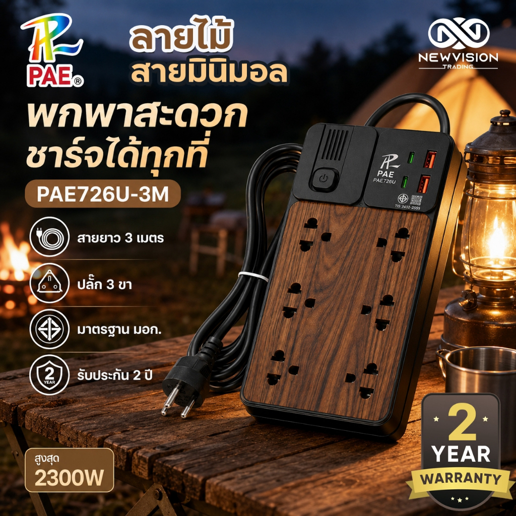 PAE726U ปลั๊กไฟพ่วงลายไม้ ปลั๊กสามตา 2300W ปลั๊กไฟ 6 ช่องเสียบ 2USB 2Type-C ตัดไฟอัตโนมัติ สายยาว 3/5 เมตร มาตรฐาน มอก.