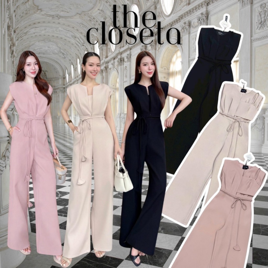 THE CLOSETA : LV288 จั๊มสูทขายาวซิปหน้า พร้อมบราด้านใน และเชือกถักผูกเอวเข้าชุด