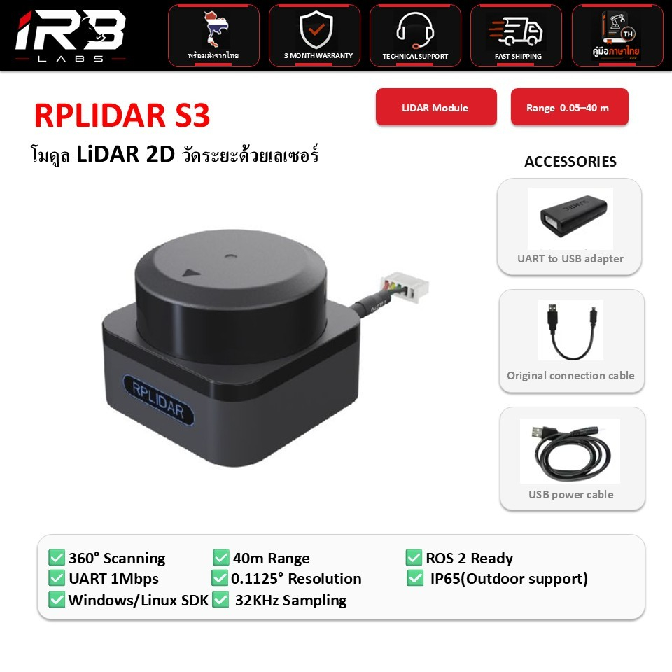 RPLIDAR S3 360° 2D TOF LiDAR ระยะ 40 เมตร สำหรับ ROS2 Raspberry Pi Jetson UART