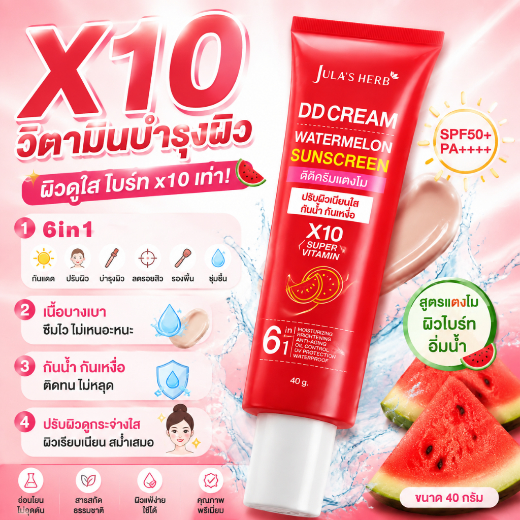 ผิวสว่าง Jula’s herb จุฬาเฮิร์บ DD ครีมแตงโม แบบหลอด ดีดีครีมแตงโม กันแดดแตงโม ขนาด 40 กรัม สำหรับมือใหม่ดูแลผิว