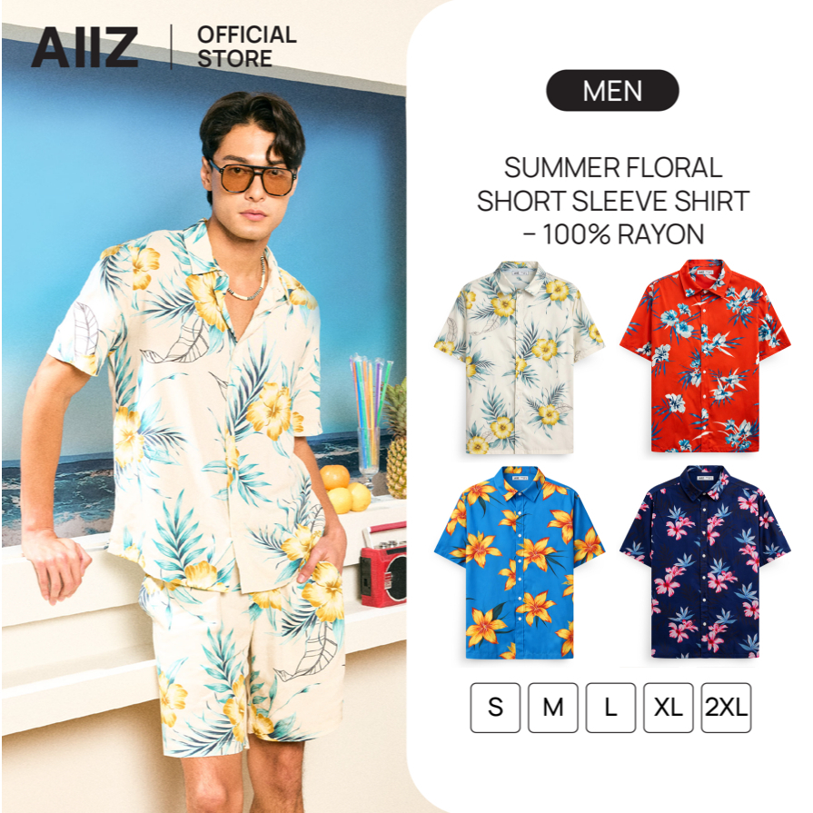 AIIZ Songkran Traveler เสื้อเชิ้ตลายดอกผู้ชาย แขนสั้น ผ้าเรยอน 100%