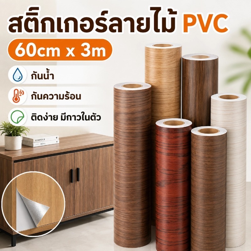 (60cm*3m)สติกเกอร์ลายไม้ pvc กันน้ำ ป้องกันความร้อน สติกเกอร์ติดโต๊ะ ติดผนังสติกเกอร์ ติดง่ายมีกาวในตัว