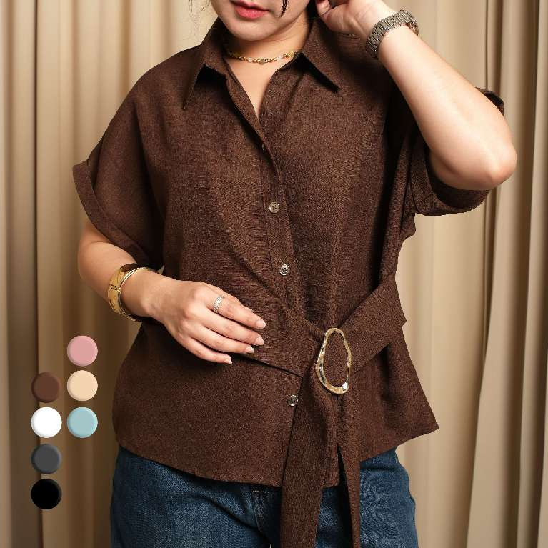 dressyp - Lora Shirt เสื้อเชิ้ตแขนเบิ้ล ดีเทลสายคาดเอวในตัว สวยคลาสสิค dp390
