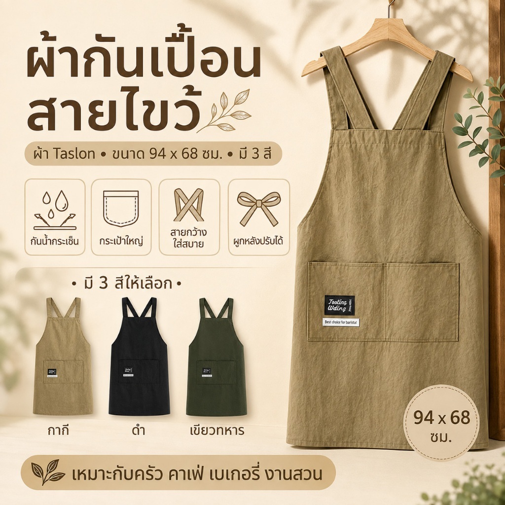 ผ้ากันเปื้อน ผ้ากันน้ำและกันน้ำมัน กระเป๋าใหญ่ สำหรับทำอาหาร คาเฟ่ เบเกอรี่